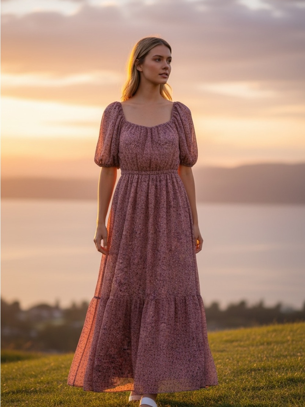 In February Pink Floral Plisse Midi Dress Puff Sleeve Square Neck Size M A1642D